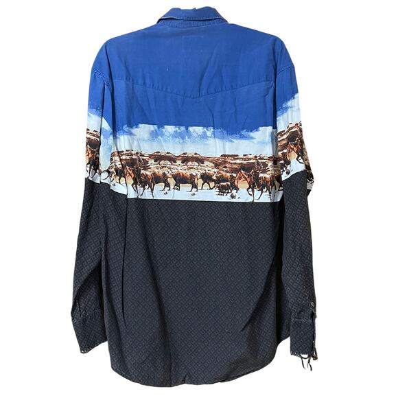 🐂 Roper Western Cattle Print Pearl Snap Shirt – Blue – Size L - Picture 2 of 10